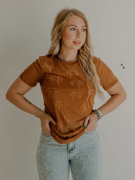 Buck Fifty Saddle Mesh Tee with Velvet Bucking Horses