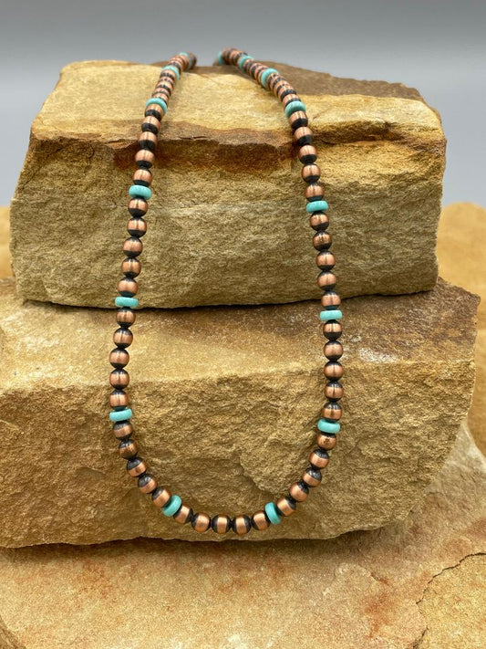 Copper 5mm Pearls and Campitos Turquoise 16"necklace