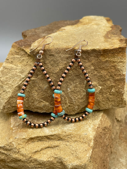 Copper Turquoise and Orange Spiny Oyster Earrings