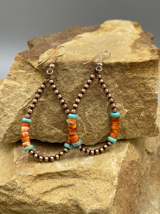 Copper Turquoise and Orange Spiny Oyster Earrings