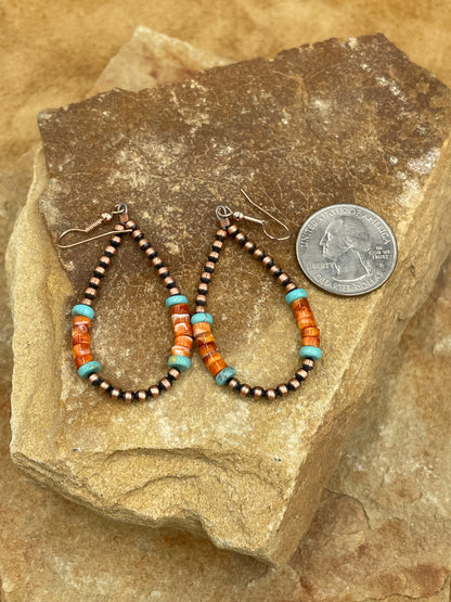 Copper Turquoise and Orange Spiny Oyster Earrings
