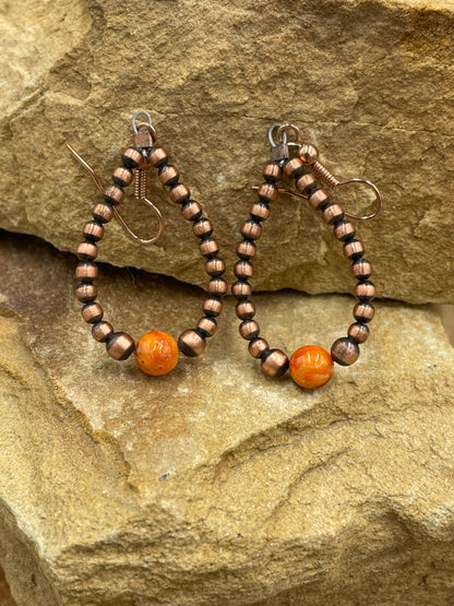 Copper Hoop and Orange Spiny Oyster Earrings