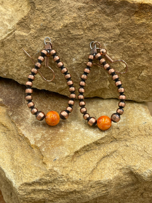 Copper Hoop and Orange Spiny Oyster Earrings
