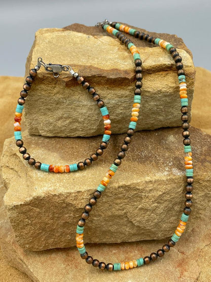 Copper 4mm Pearl with Turquoise & Orange Spiny Oyster 18" Necklace Set