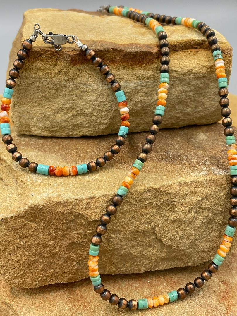 Copper 4mm Pearl with Turquoise & Orange Spiny Oyster 18" Necklace Set