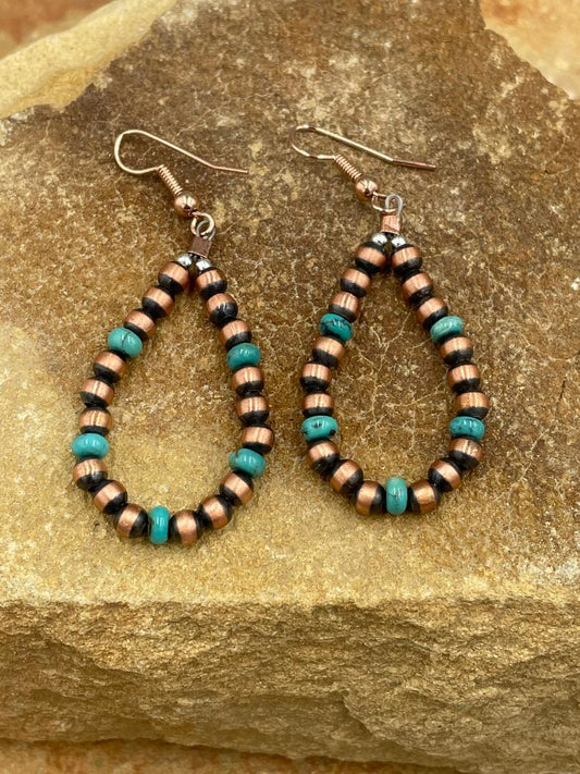 Copper 4mm Pearl and Campitos Turquoise Hoop Earrings