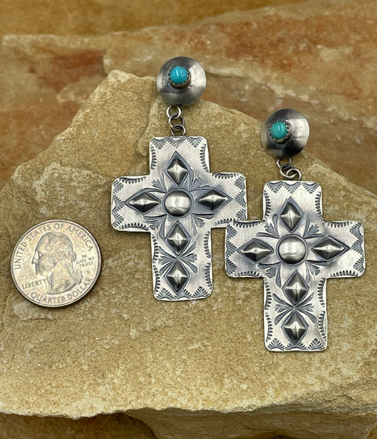 Cross Stamped Sterling Silver Post Dangle Earrings with Kingman Turquoise