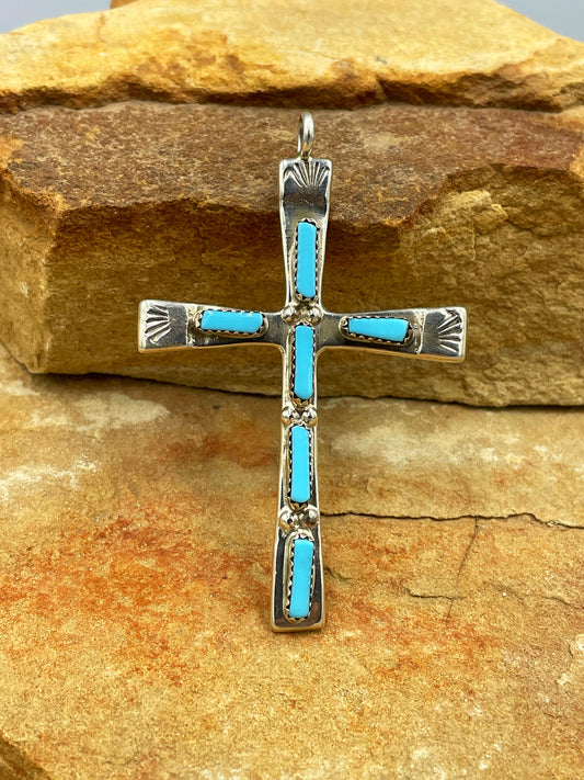 Zuni Cross Sterling Silver Pendant with Kingman Turquoise By Ceclia Lule