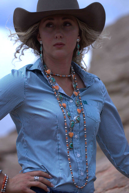 Sonoran Gold Turquoise Lariat with Orange Spiny Oyster Hearts in Sterling Silver Necklace by artist Etta Endito