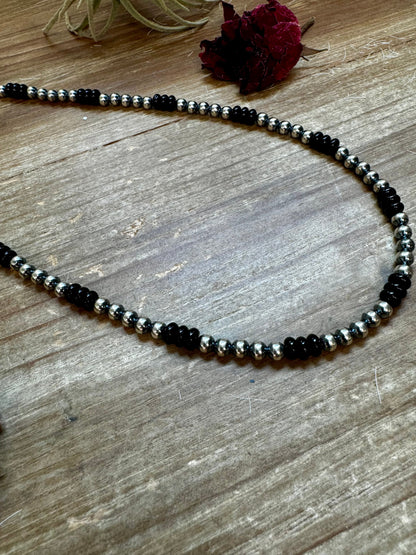 18 Inch 5 mm Sterling Silver Pearls necklace with Black Onyx