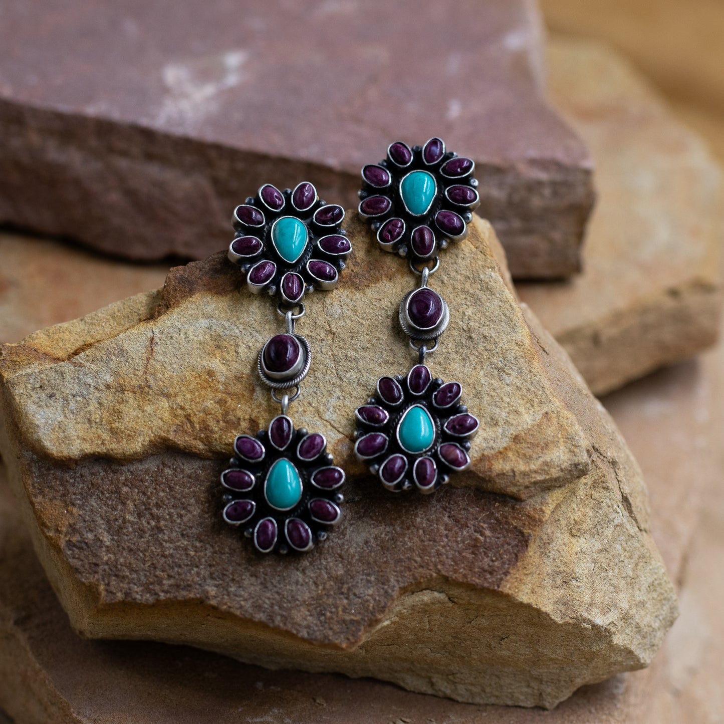 Purple Spiny Oyster and Tyrone Turquoise Sterling Silver Post earrings by Travis J