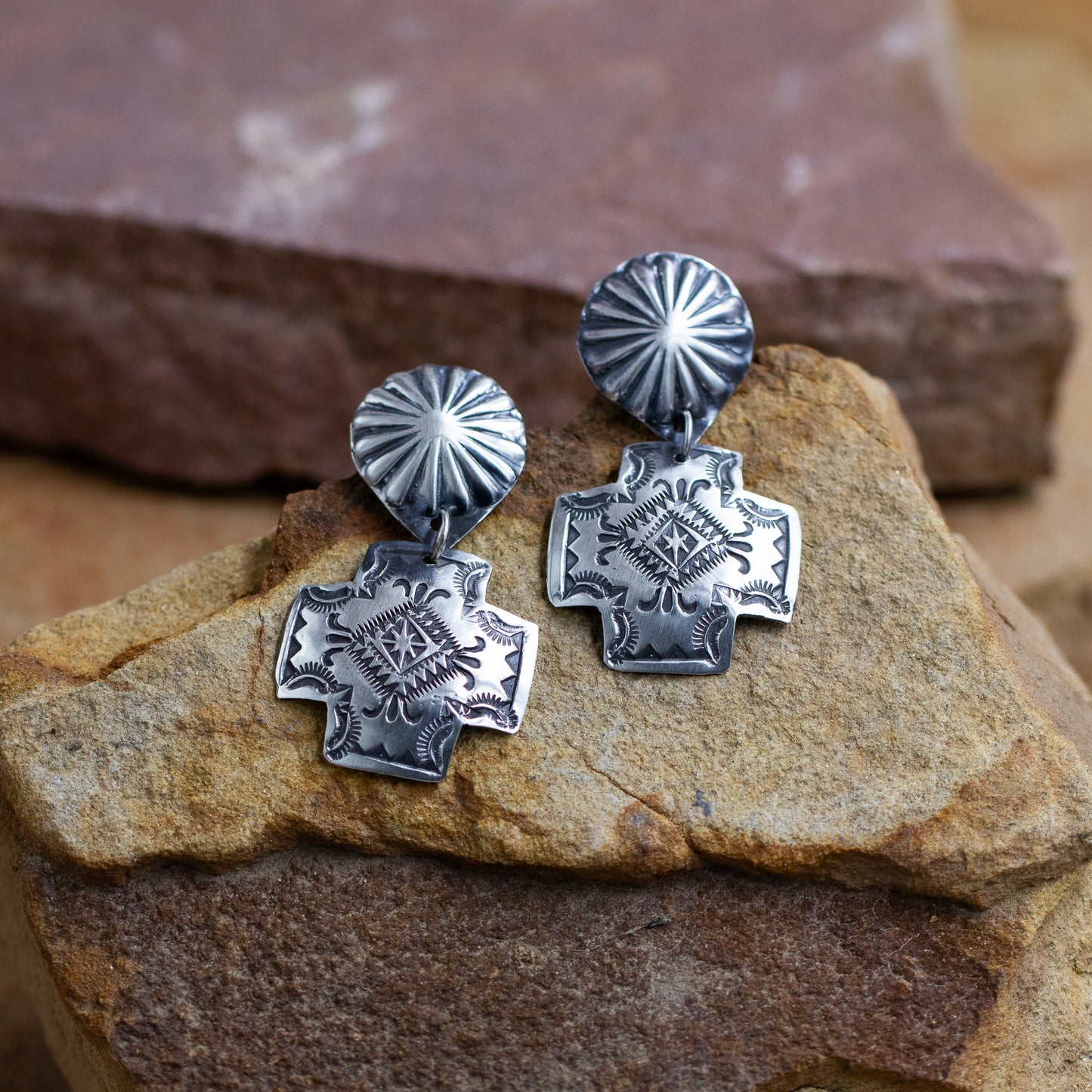 Sterling Silver Stamped Cross with Star Shot Post earrings by Vincent Platero