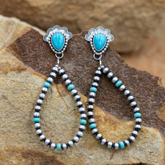 Sterling Silver Pearls with Turquoise Stamped Dangle Earrings