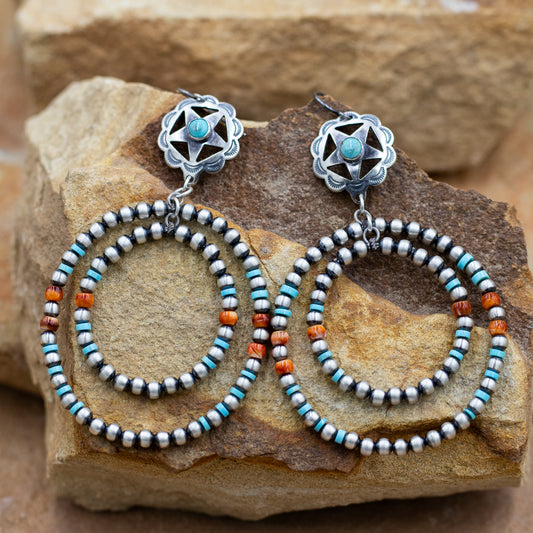 Sterling Silver Stamped Star Concho post and Pearls with Campitos Turquoise and Orange Spiny Oyster Dangle with Double Hoops Earrings by Chester Charlie