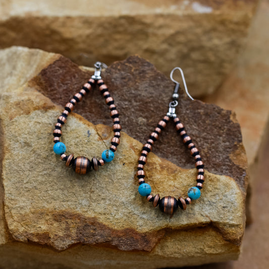 Copper Pearls and Turquoise Beads Hoop Earrings