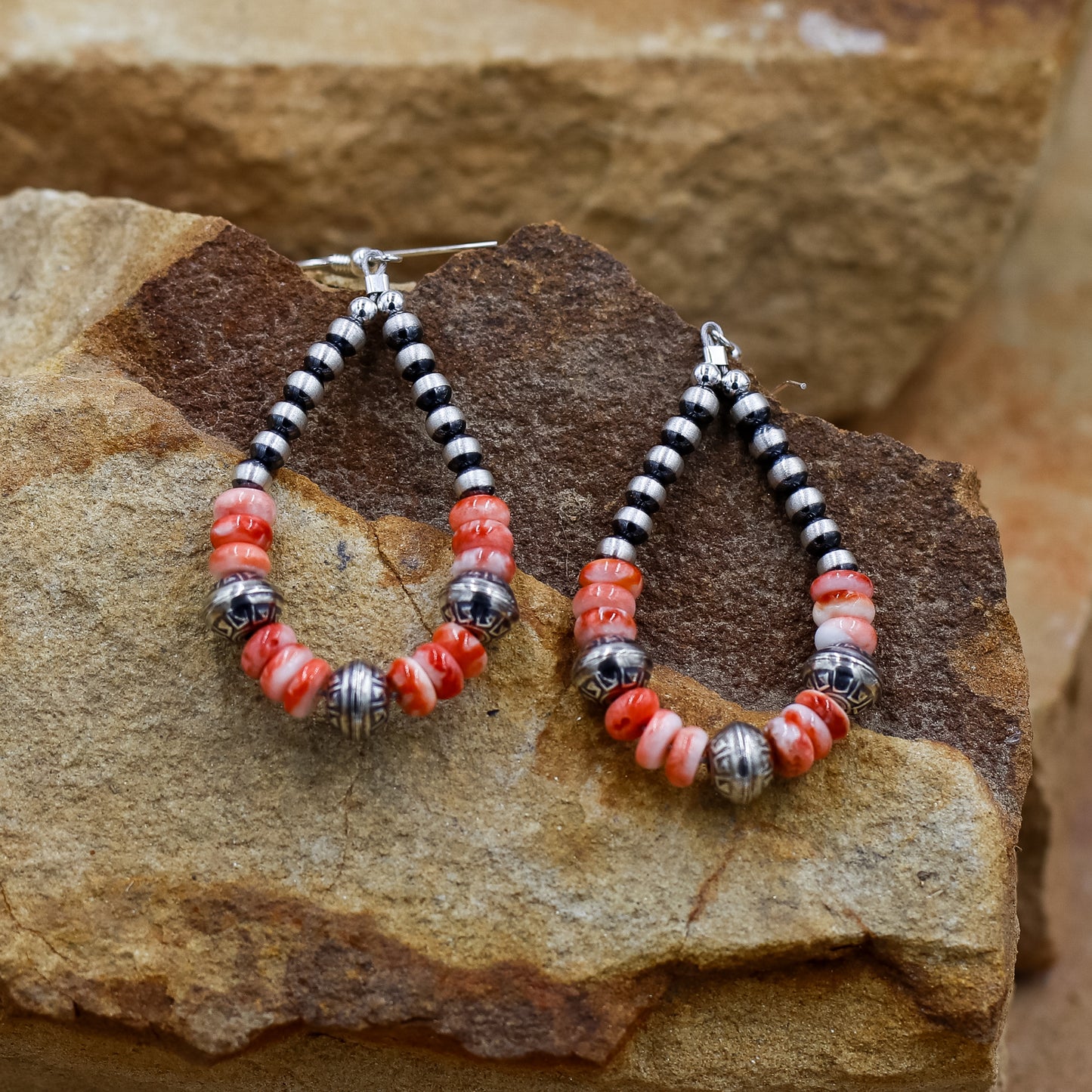 Sterling Silver Pearls and Dark Orange Spiny Oyster Hoop Earrings