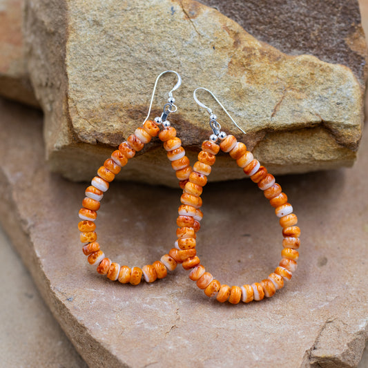 Orange Spiny Oyster Hoop with High Shine Sterling Silver Pearl Dangle Earrings