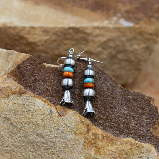 Sterling Silver Pearls with Orange Spiny Oyster and Turquoise Dangle Earrings with Sterling Silver Blossoms