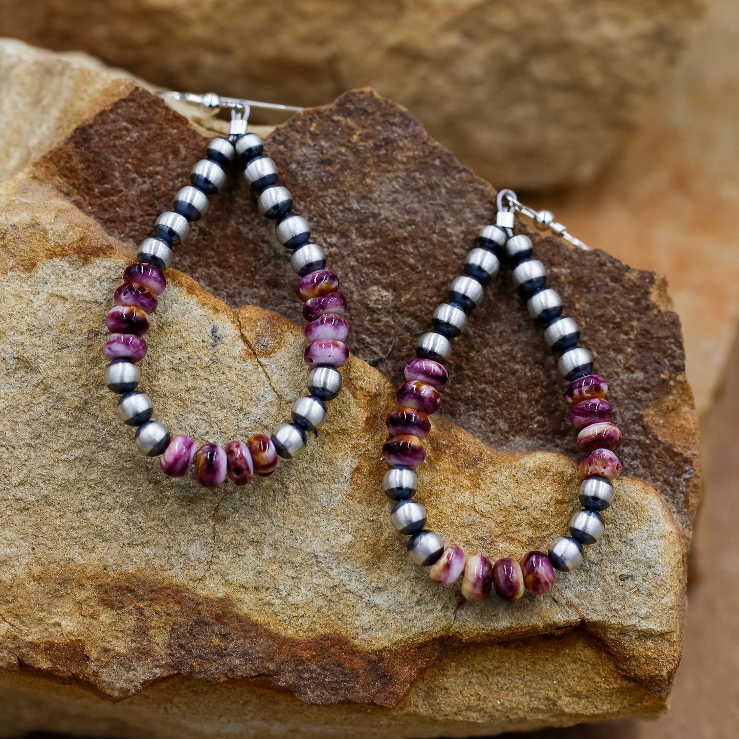 Sterling Silver Pearls and Purple Spiny Oyster Hoop Earrings