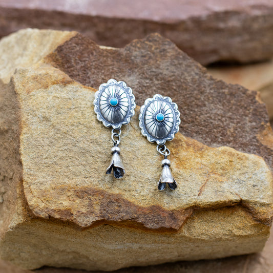 Sterling Silver Stamped Concho Turquoise Center with Sterling Silver Squash Blossom Post earrings