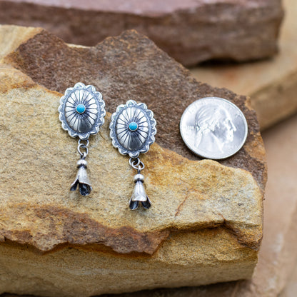 Sterling Silver Stamped Concho Turquoise Center with Sterling Silver Squash Blossom Post earrings