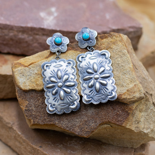 Sterling Silver Repoussé Stamped Concho and Turquoise Dangle earrings by P. Yazzi