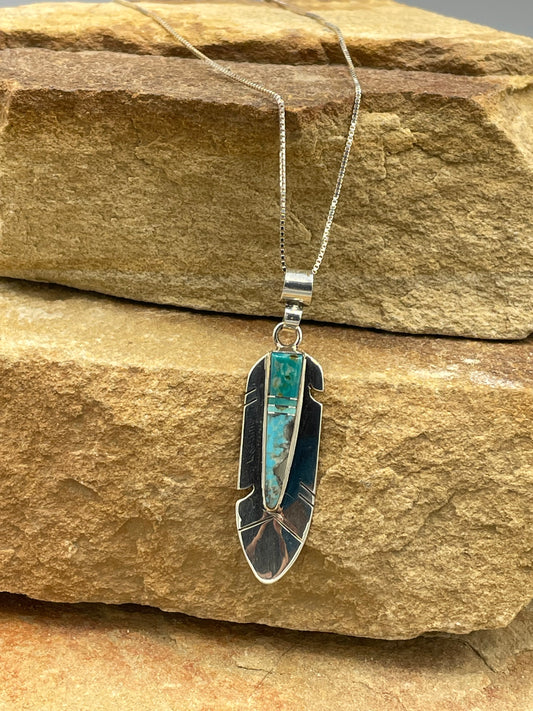 Sterling Silver Feather Pendant with Turquoise Inlay