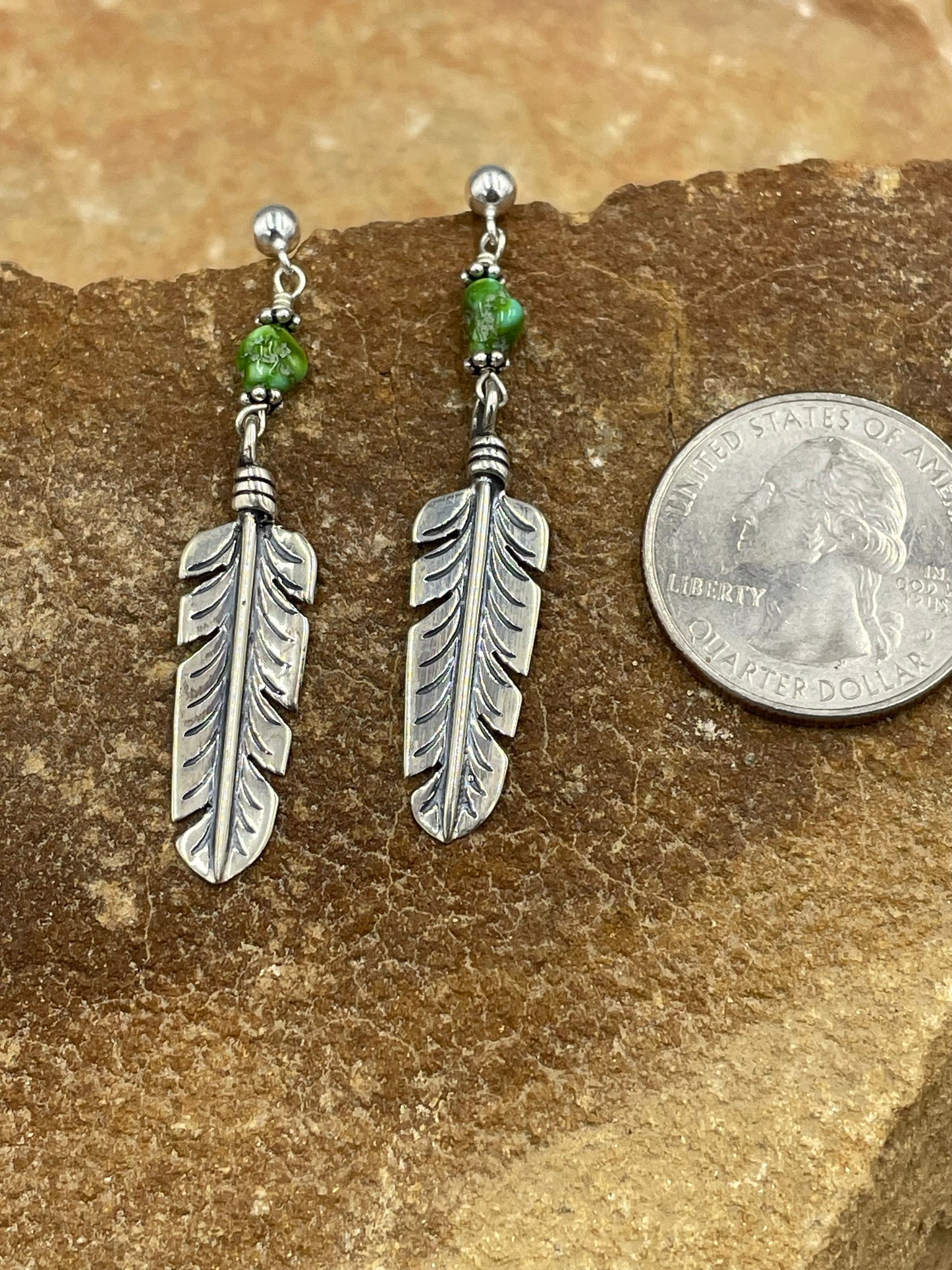 Sterling Silver Feather Earrings with Sonoran Gold Turquoise