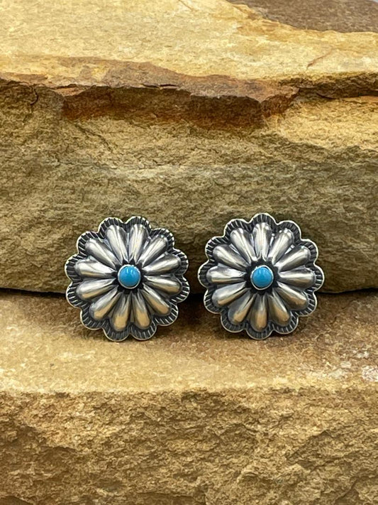 Sterling Silver Stamped Concho with Kingman Turquoise Post Earrings