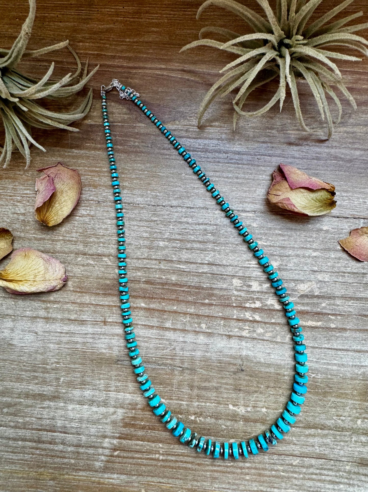 20.5-Inch Graduated Turquoise Disk Necklace with Sterling Pearls