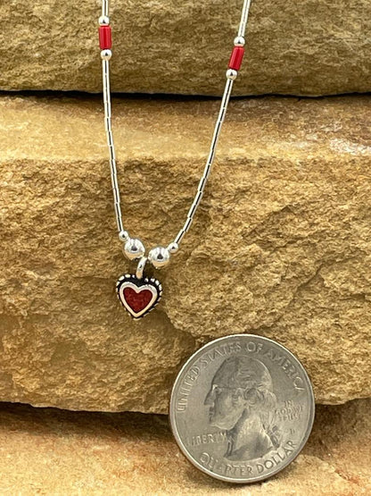 Liquid Sterling Silver Heart and Coral Necklace 16"