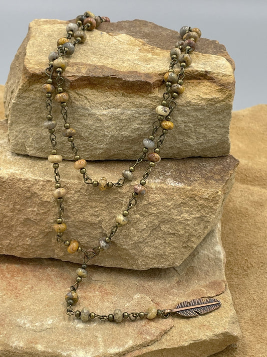 Jasper Lariat 16"necklace with Feather pendant