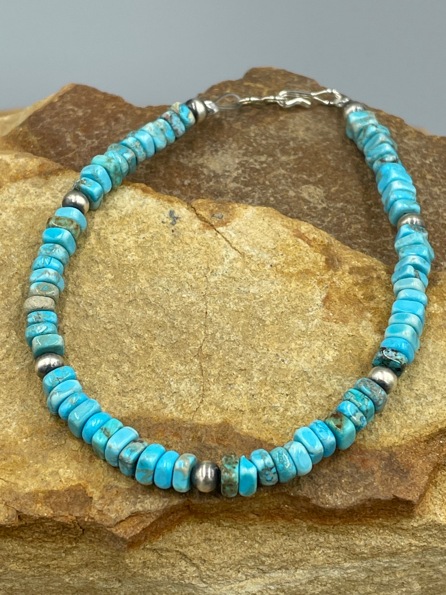 Sterling Silver 4mm Pearls with Natural Kingman Turquoise Square beads