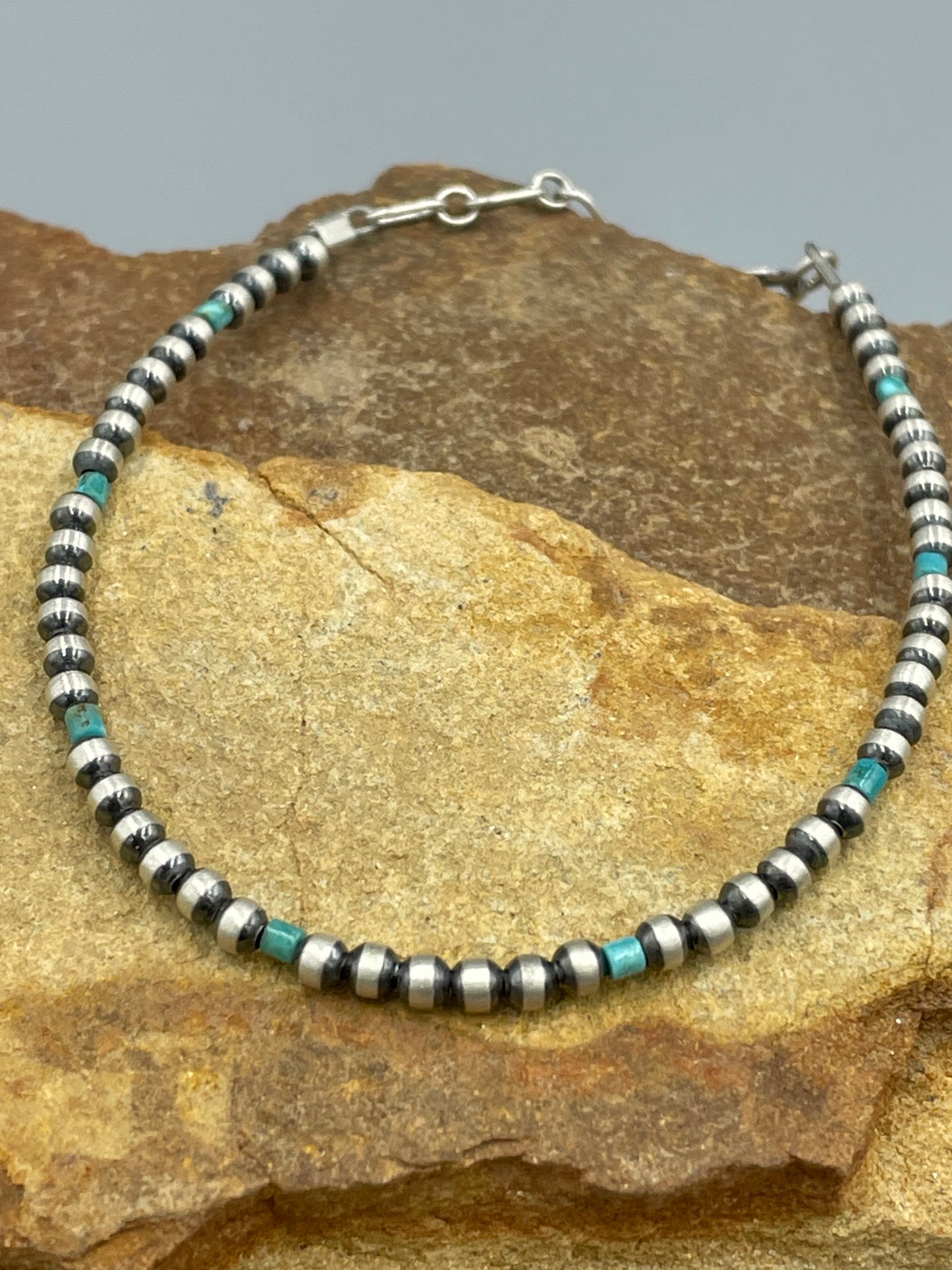 Sterling Silver 3mm Pearls with Natural Kingman Turquoise beads bracelet