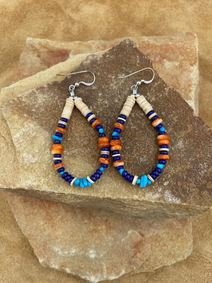 Orange Spiny Oyster, Lapis and Sleeping Beauty Turquoise dangle earrings