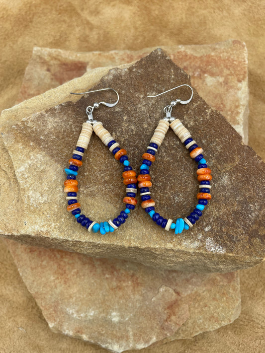 Orange Spiny Oyster, Lapis and Sleeping Beauty Turquoise dangle earrings