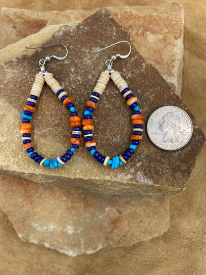 Orange Spiny Oyster, Lapis and Sleeping Beauty Turquoise dangle earrings