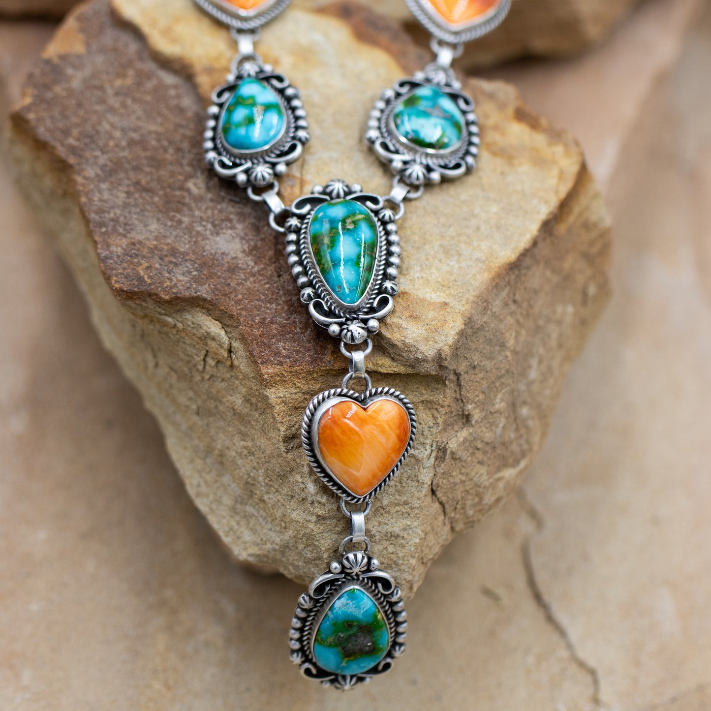 Sonoran Gold Turquoise with Orange Spiny Oyster Hearts in Sterling Silver Lariat Necklace by artist Etta Endito