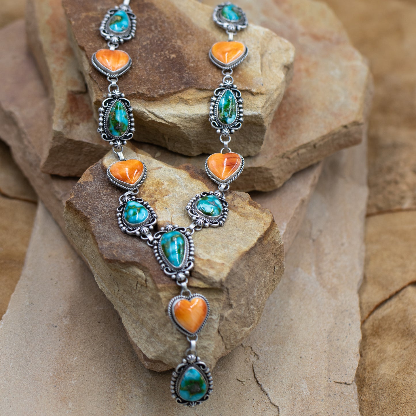 Sonoran Gold Turquoise with Orange Spiny Oyster Hearts in Sterling Silver Lariat Necklace by artist Etta Endito