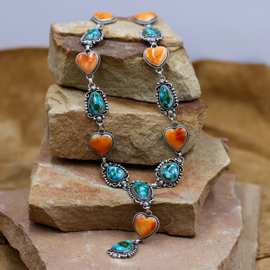 Sonoran Gold Turquoise with Orange Spiny Oyster Hearts in Sterling Silver Lariat Necklace by artist Etta Endito