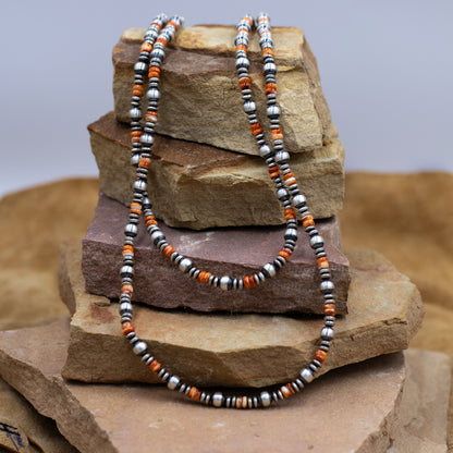 Sterling Silver Pearl 5-7mm Orange Spiny Oyster Beads 60" Necklace