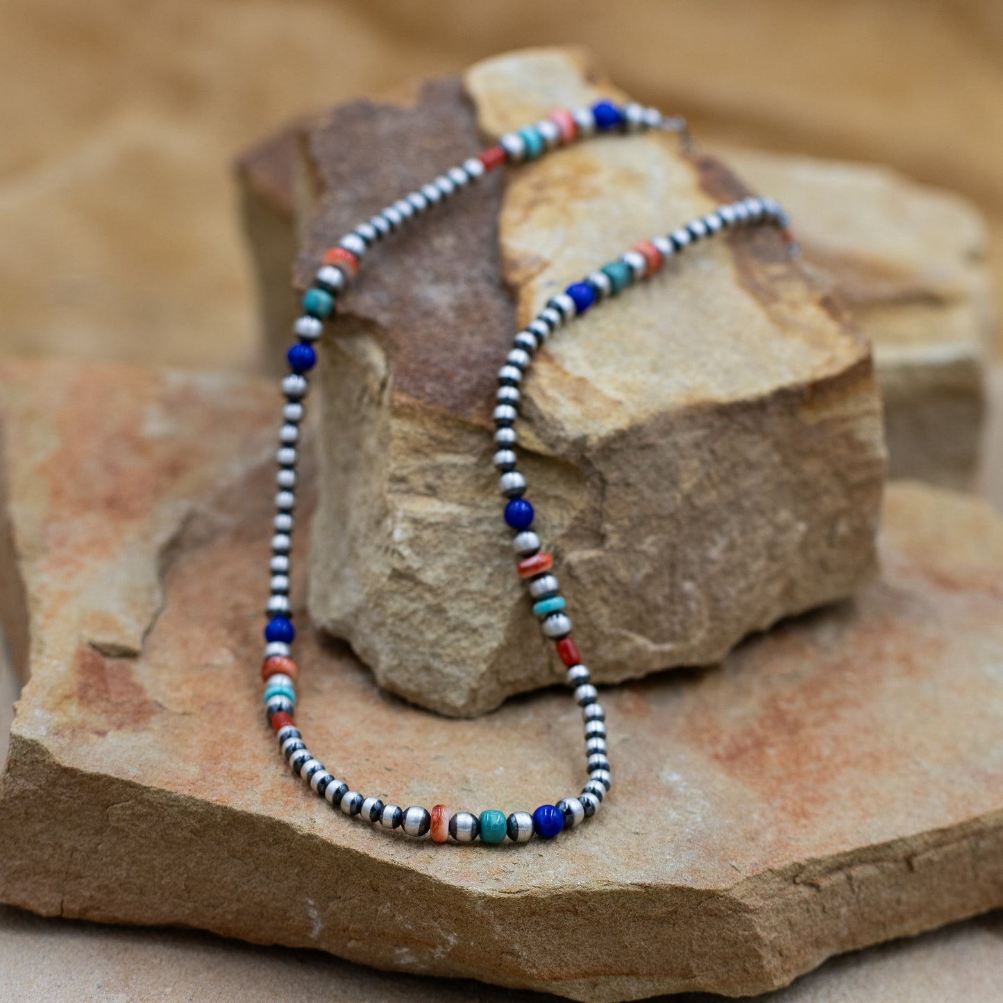 Sterling Silver Pearl with Orange Spiny Oyster, Coral, Lapis and Turquoise Southwestern Style Necklace