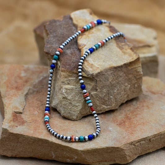 Sterling Silver Pearl with Orange Spiny Oyster, Coral, Lapis and Turquoise Southwestern Style Necklace