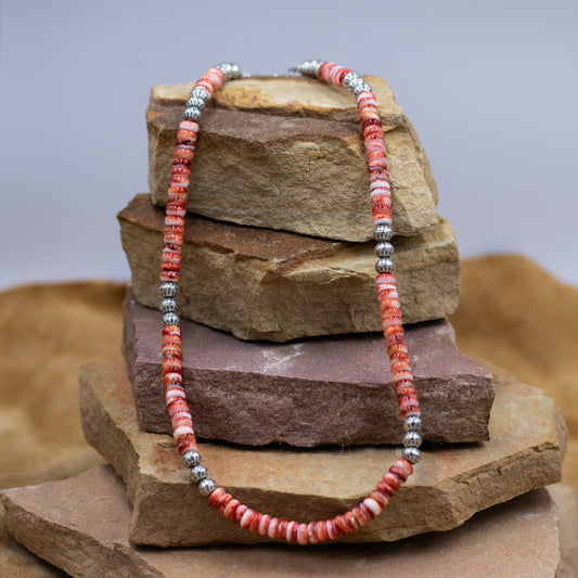 Stamped Sterling Silver Pearl and Red Spiny Oyster Southwestern Style Necklace