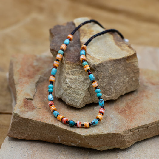 Purple and Orange Spiny Oyster Rondelle with Turquoise Southwestern Style Necklace