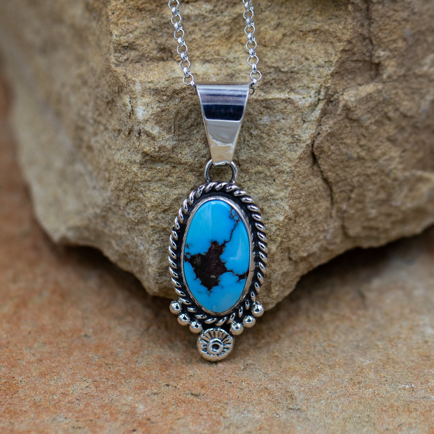 Prince Turquoise Sterling Silver Pendant Southwestern Necklace with Sterling Silver Chain by E.M. Linkin