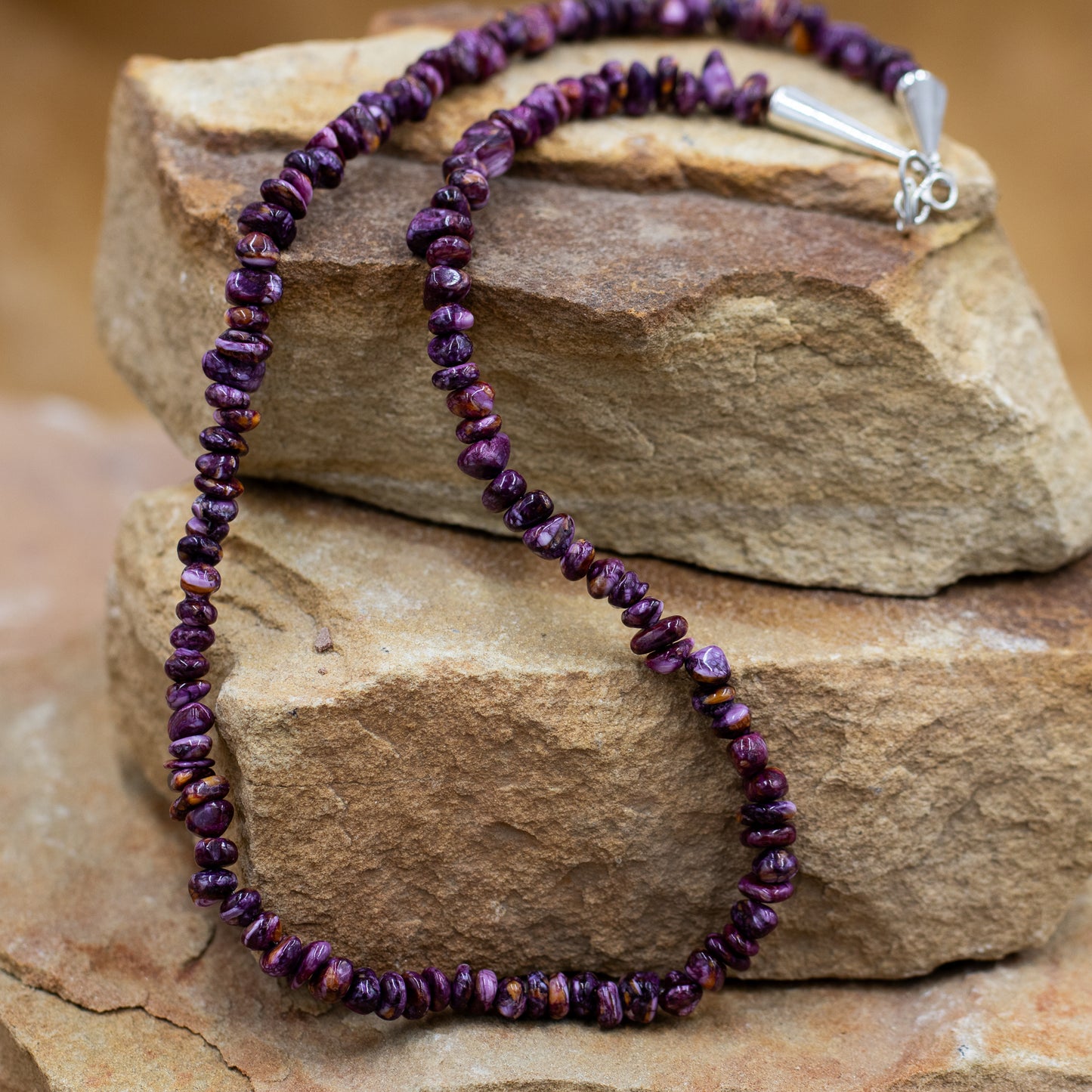 Purple Spiny Oyster Nugget Southwestern Style Necklace with Sterling Silver Cone and Clasp