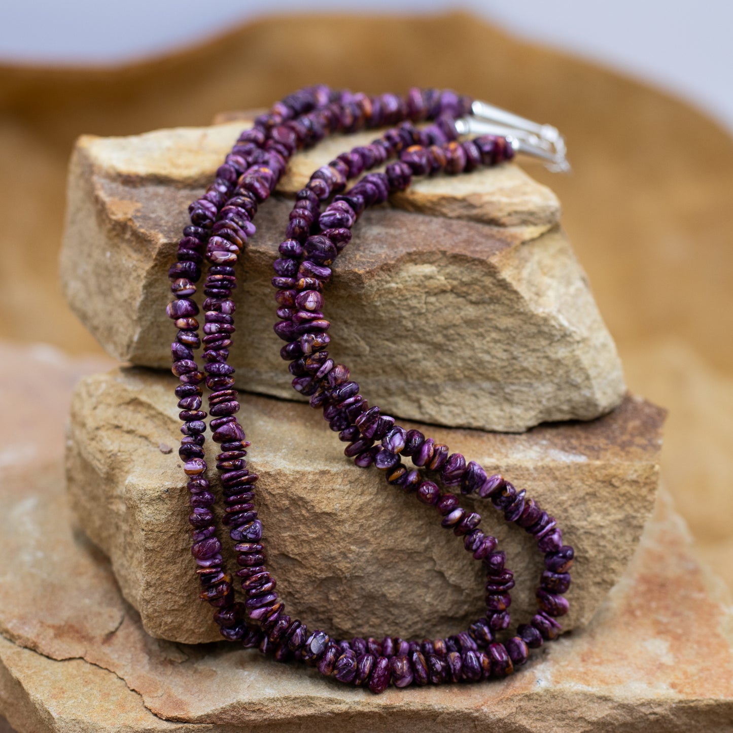 Purple Spiny Oyster Nugget Southwestern Style Necklace with Sterling Silver Cone and Clasp