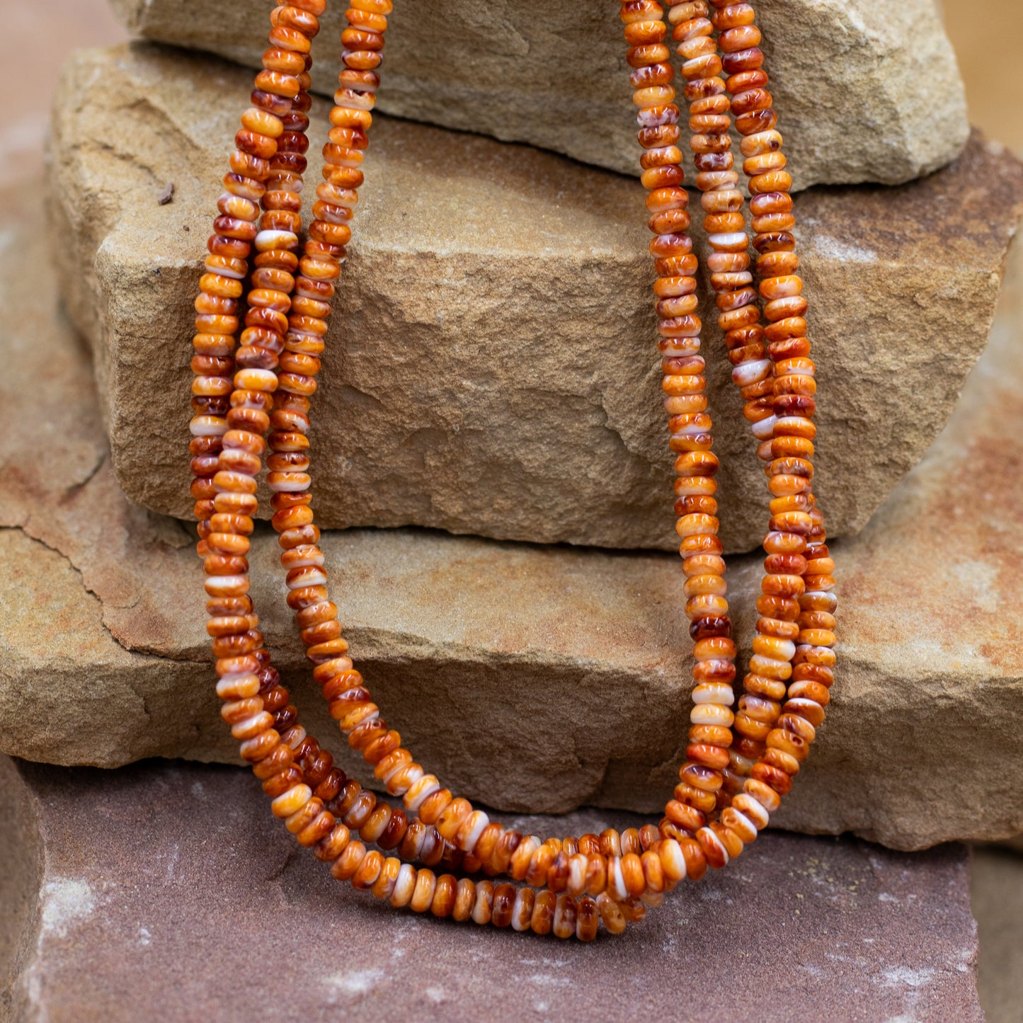 Orange Spiny 3 Strand Chip Southwestern Style Necklace with Sterling Silver Cone and Clasp