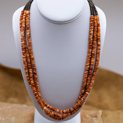 Orange Spiny 3 Strand Chip Southwestern Style Necklace with Sterling Silver Cone and Clasp